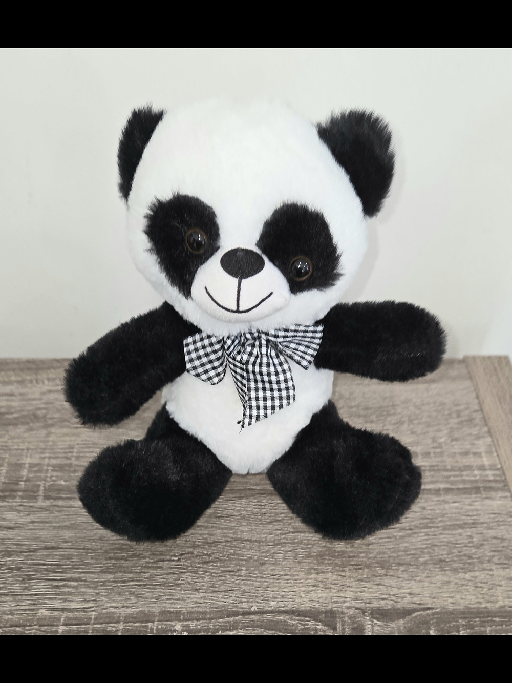 Calplush Panda Bear Plush with Black/White Gingham Bow Sitting 8"